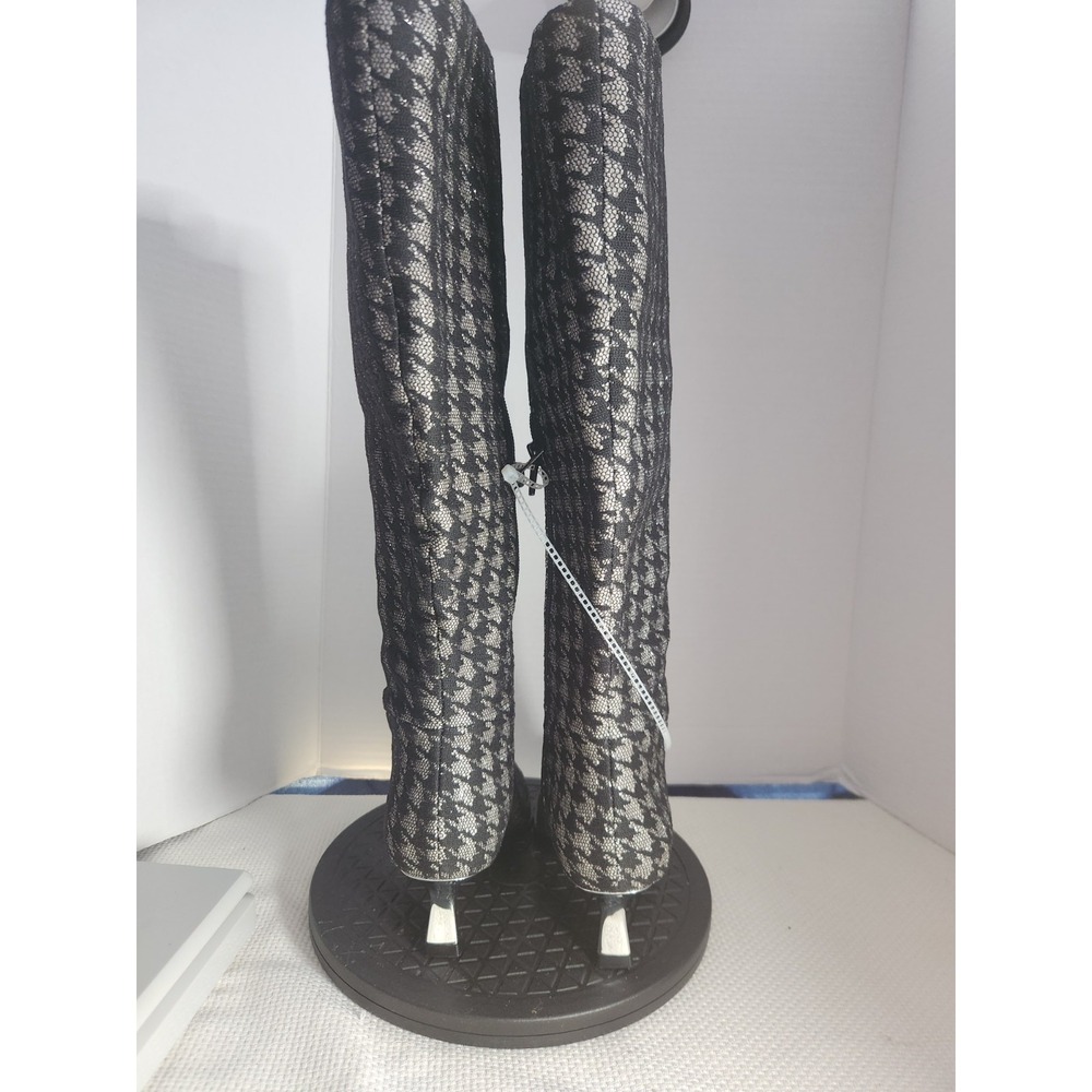 Betsey Johnson Womens 6 Pamella Boots Knee High Heel Black Silver Houndstooth - Picture 6 of 11